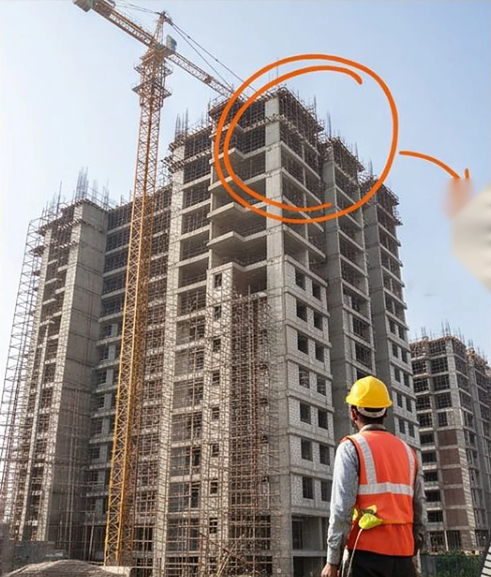 Residential tower under construction in India with a crane and a site engineer in a hard hat